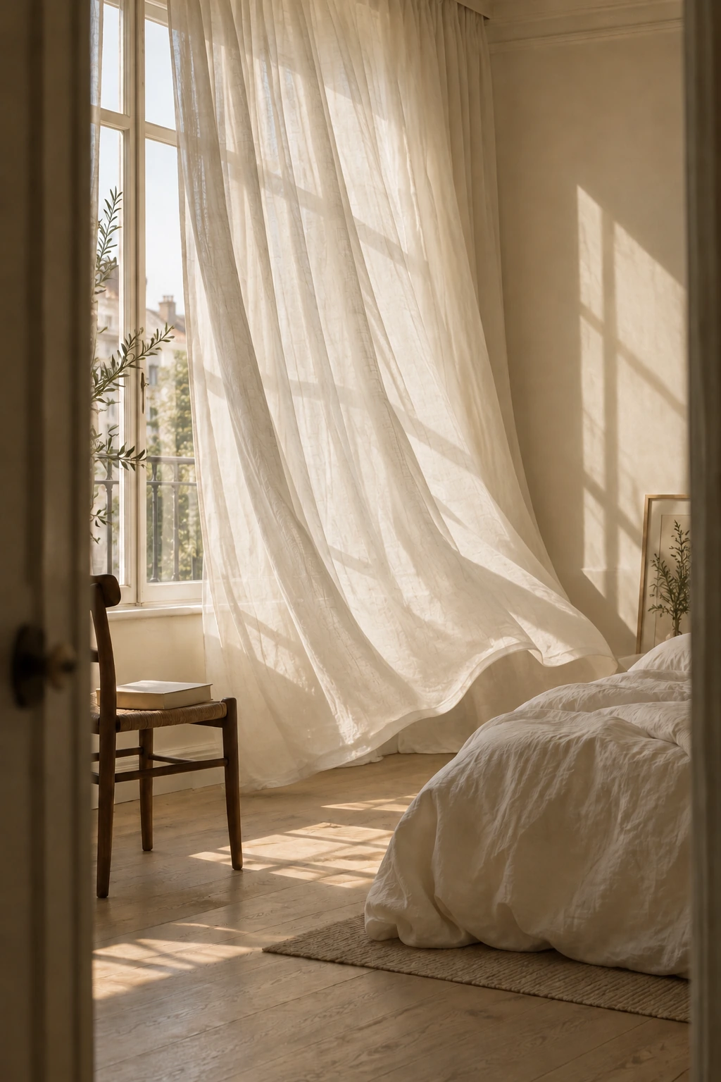 A sheer cream curtain gently lifted off the floor by a fresh morning breeze